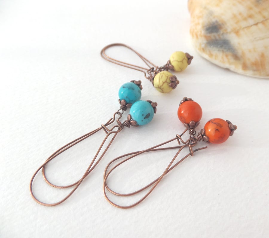 Howlite Copper Earrings, Stone beads, Long Kidney wires