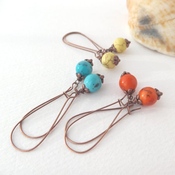 Howlite Copper Earrings, Stone beads, Long Kidney wires