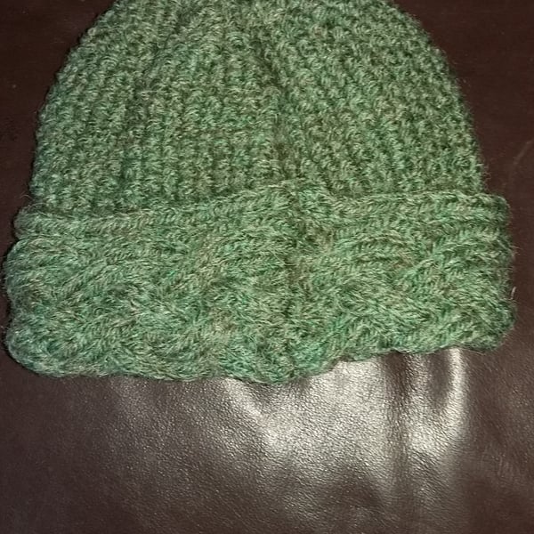 Green handknitted Aran baby hat. Seconds Sunday