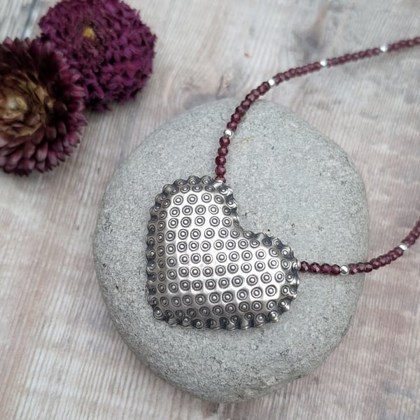 Sterling Silver Patterned Heart Necklace with Rhodolite Garnet - JBJ7018