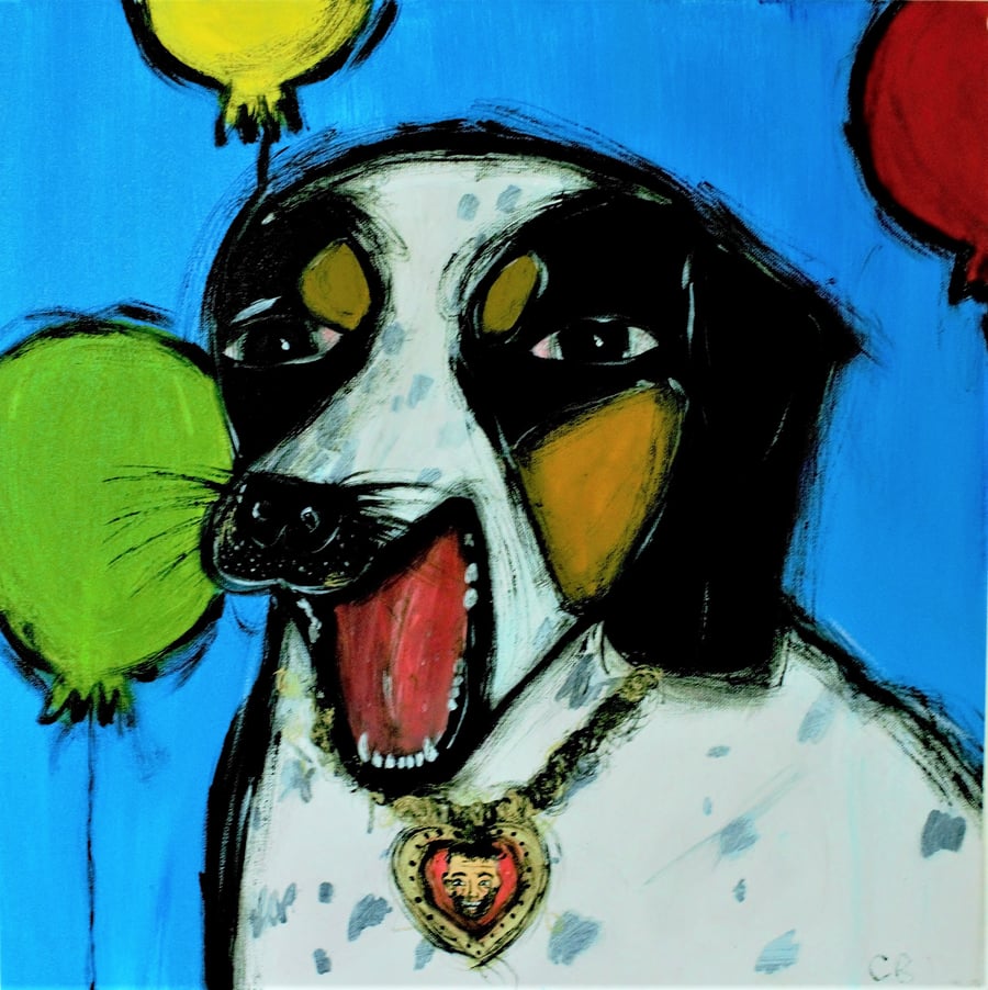 Party Dog who loves Super Vet Noel! Acrylic painting 20" x 20" Original Painting