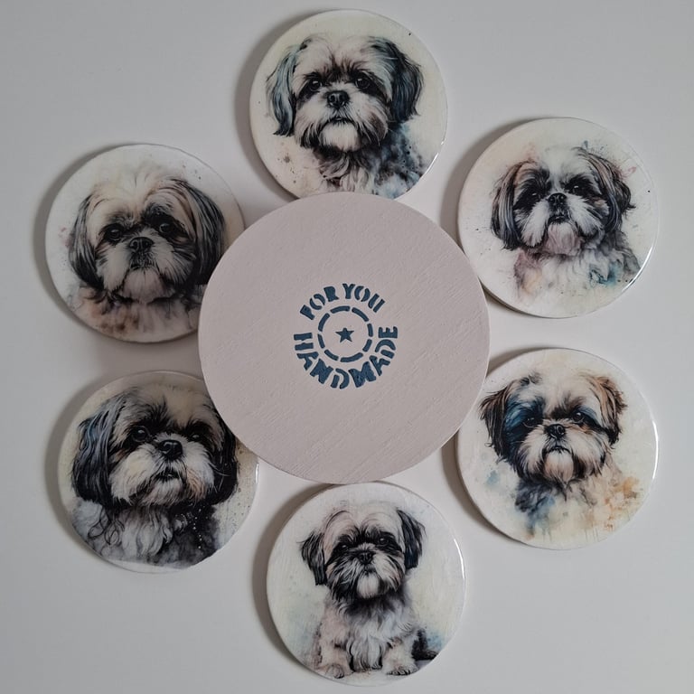 Set of 6 Shih Tzu Dog Coasters, Decoupaged Wooden Drink Mats