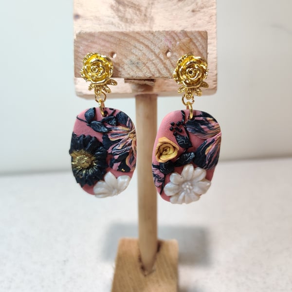 Pink and black flower slab rose stud polymer clay earrings 