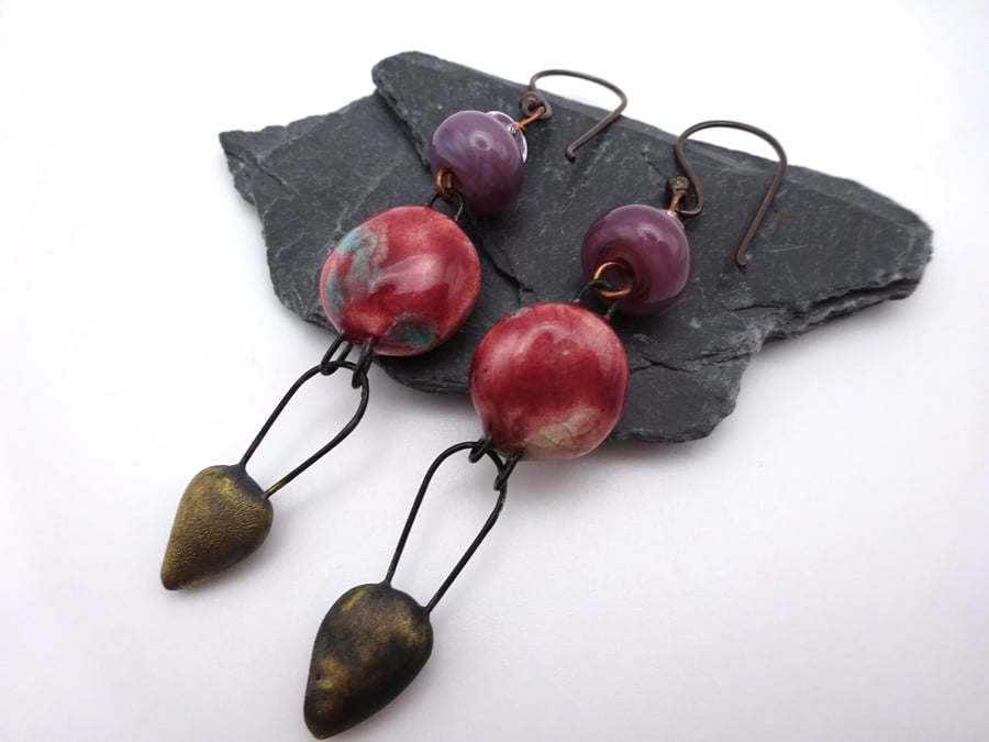 purple lampwork glass and ceramic earrings