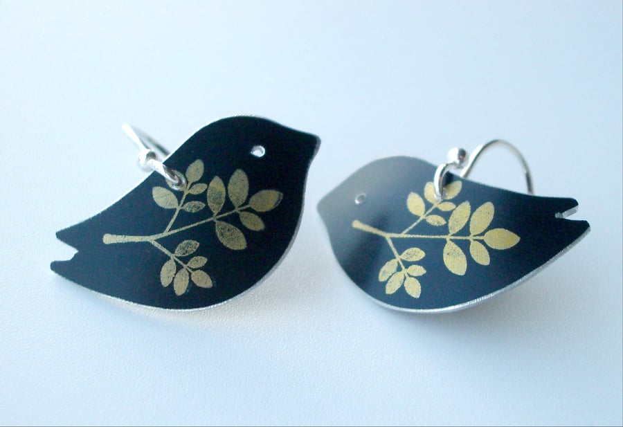 Bird earrings in black with gold leaf print
