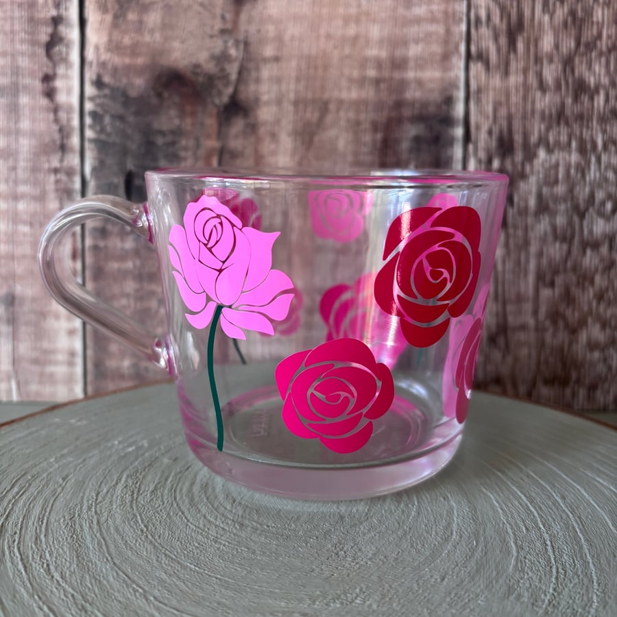 Rose Glass Mug, Floral Glass Mug, Summer Flower Cup, Botanical Gift,