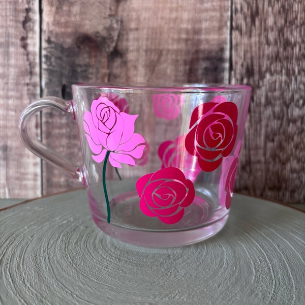 Rose Glass Mug, Floral Glass Mug, Summer Flower Cup, Botanical Gift,