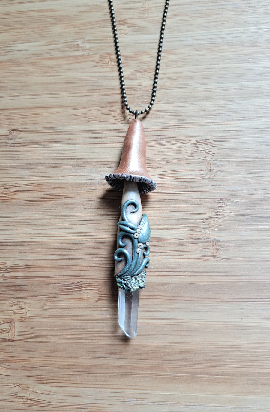 Quartz Crystal and Polymer Clay Woodland Mushroom Amulet Pendant