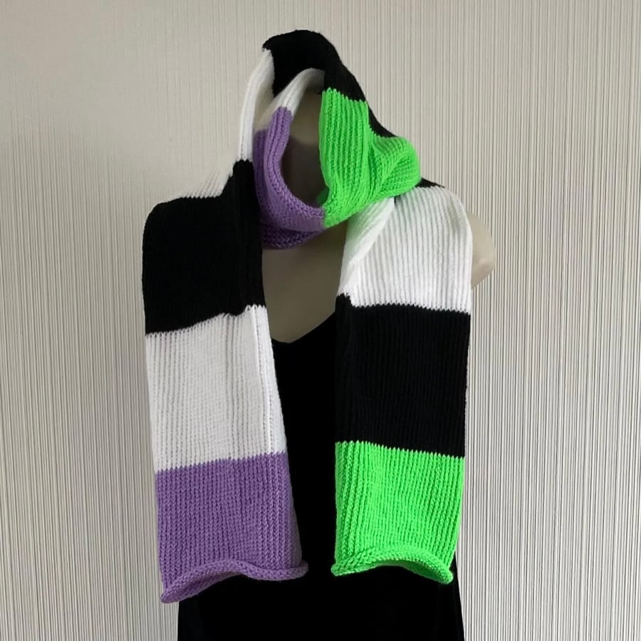 Long unisex double thickness scarf knitted in block colour stripes, FREE POST