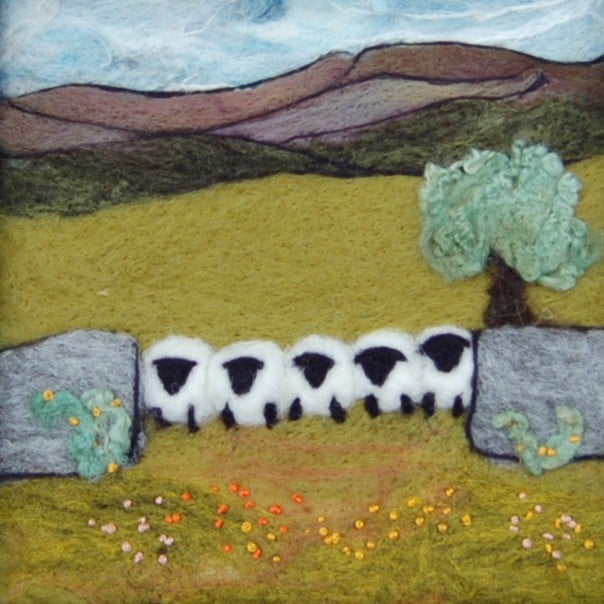Five sheep stonewall wool painting.  Needlefelt picture with hand embroidery