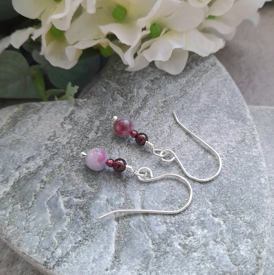   Argentium Silver With Plum Blossom Tourmaline and Garnet Earrings