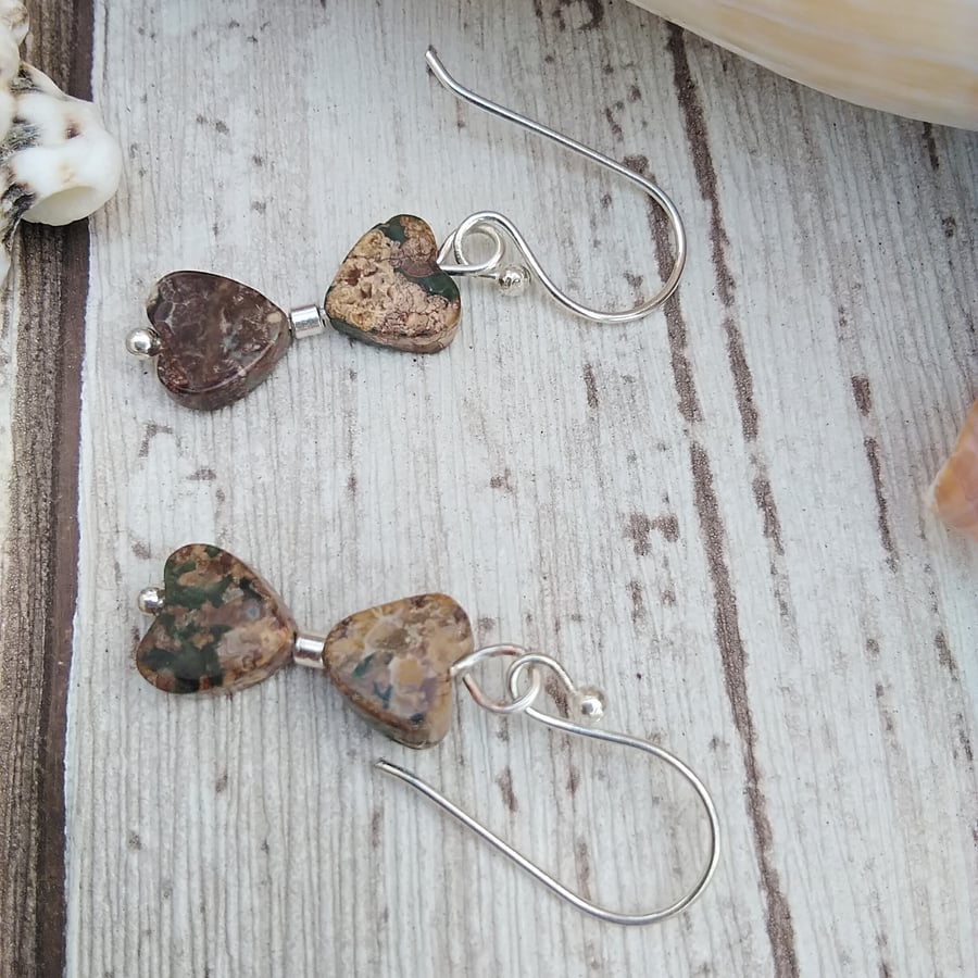 Picture Jasper Earrings Heart Silver Plated Wires