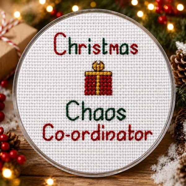 Handmade Cross Stitch Christmas Coaster – Funny Festive Gift