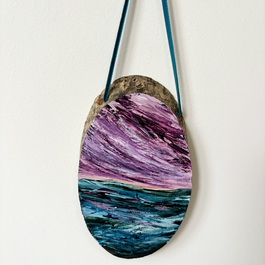Original Seascape Hanging Wooden Log Slice - 'Thrive'