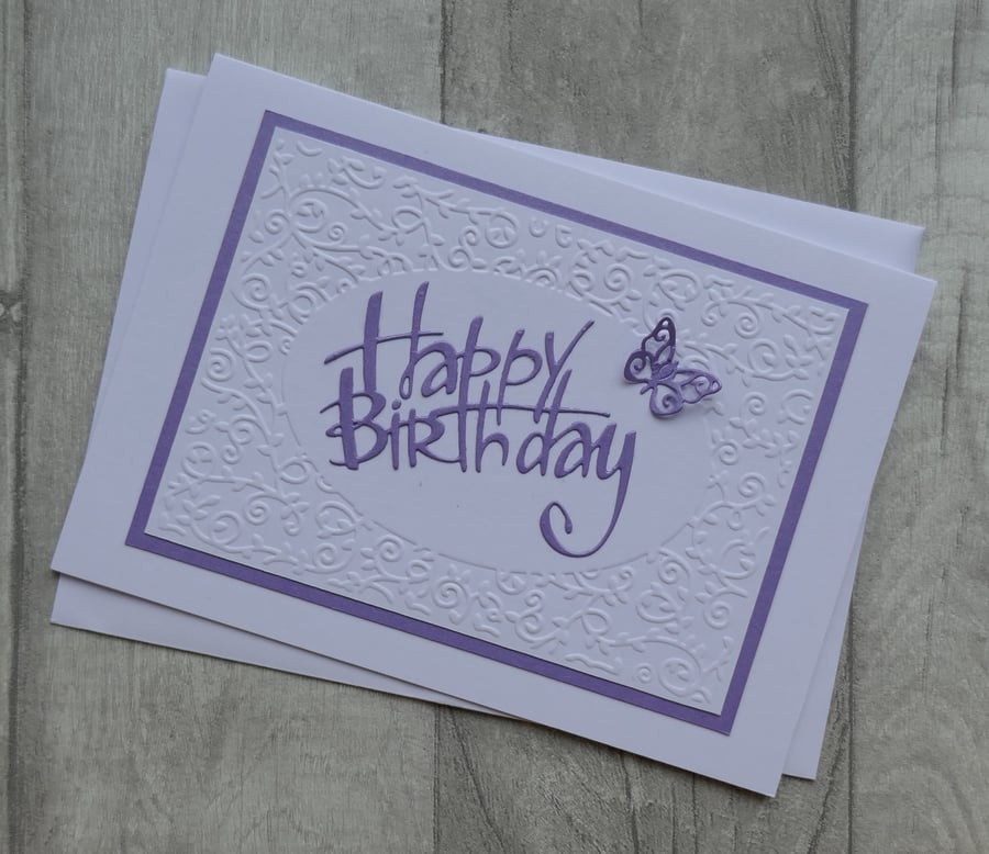 Swirl Frame With Lilac Happy Birthday and Butterfly - Birthday Card