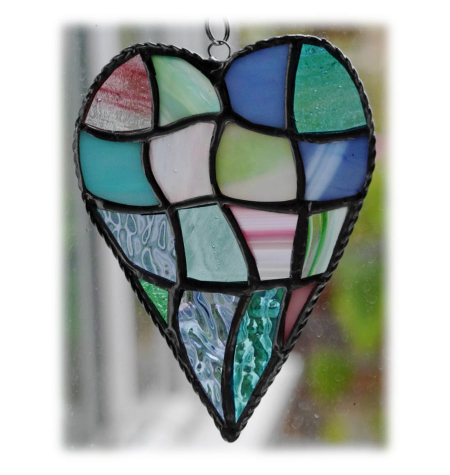 Patchwork Heart Suncatcher Stained Glass Handmade Pastel 036
