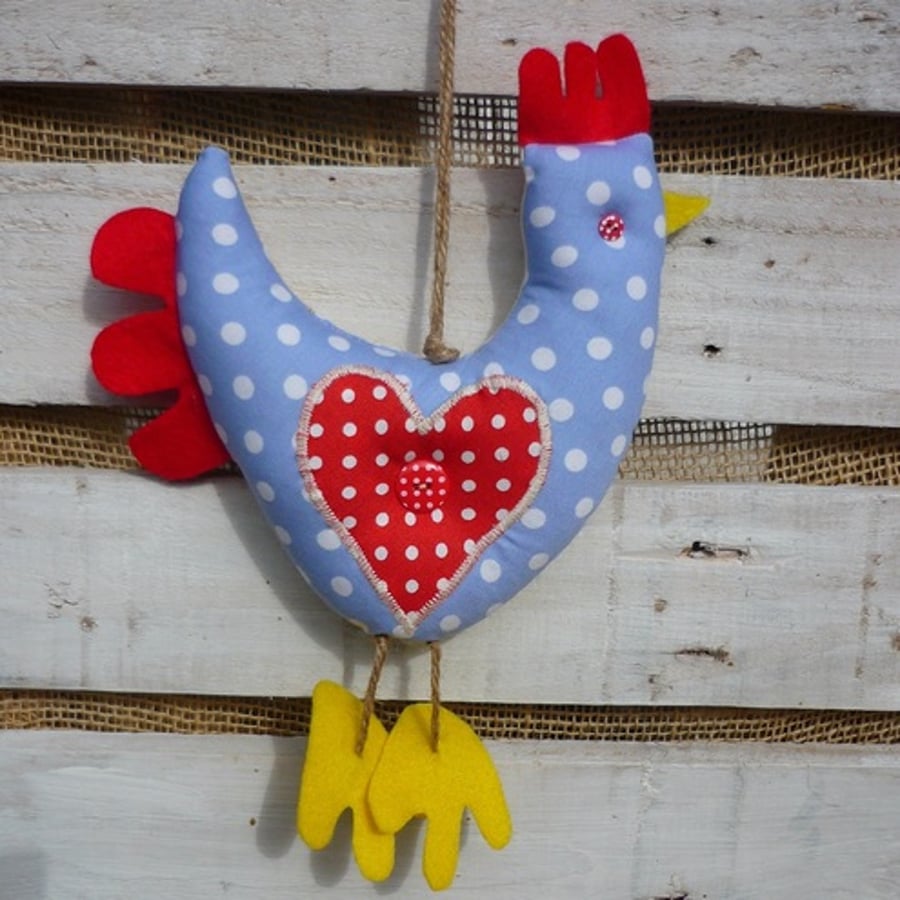 Hanging Chicken ~ Blue with white spots Applique hearts in red with white spots.