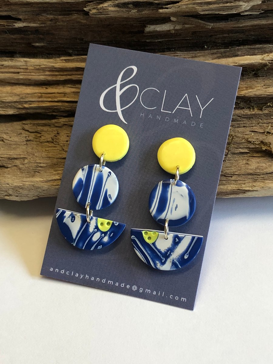 Geometric Navy, White and Yellow Stud Earrings