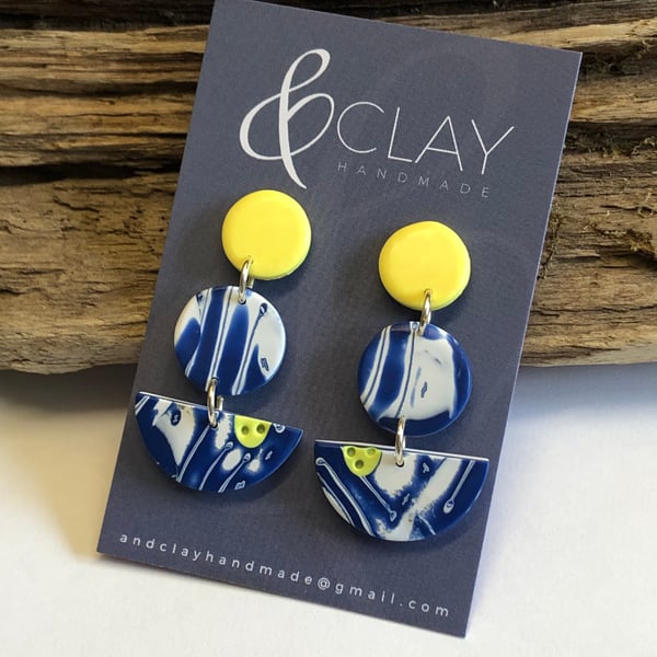 Geometric Navy, White and Yellow Stud Earrings