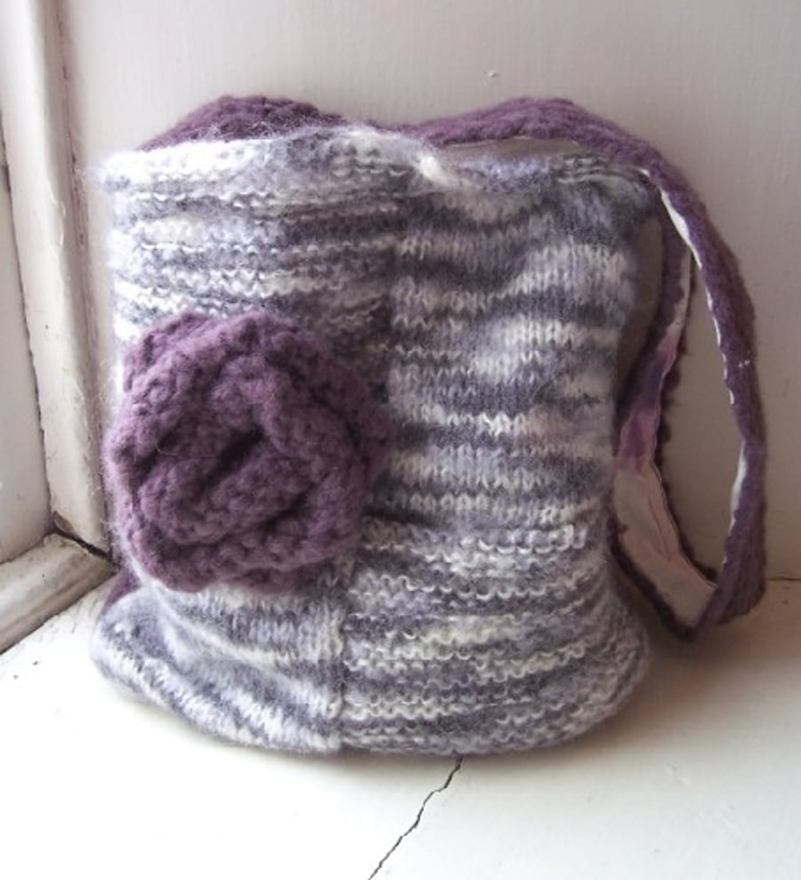Soft hand knitted shoulder bag in grey and purple - Adelaide