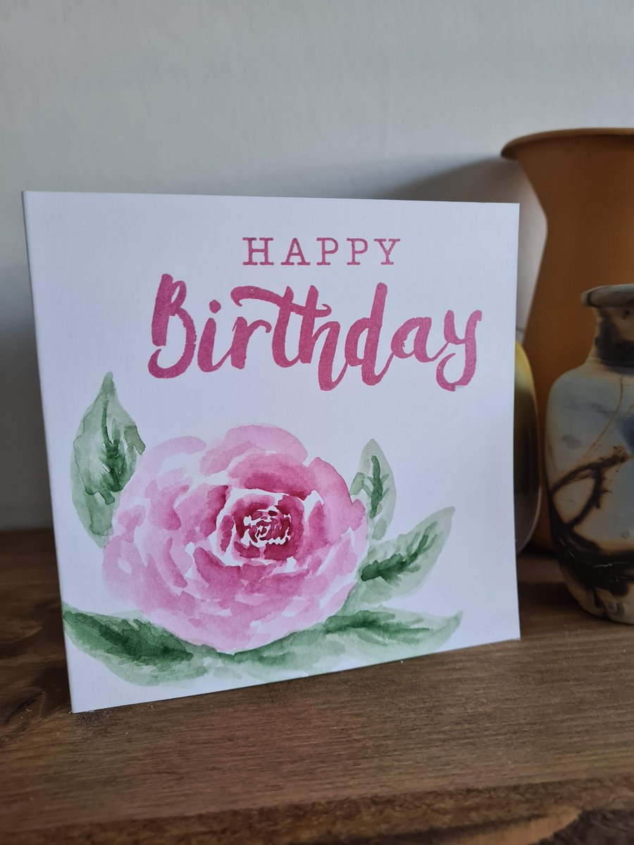 Handpainted watercolour rose birthday card