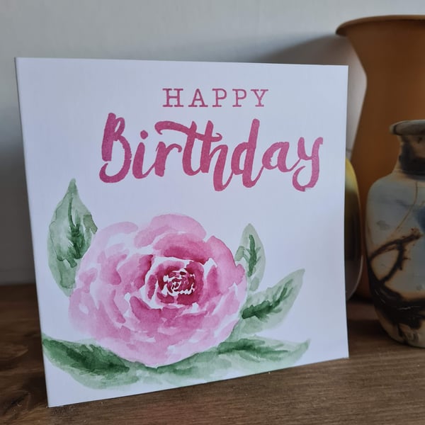 Rose flower birthday card handpainted watercolour