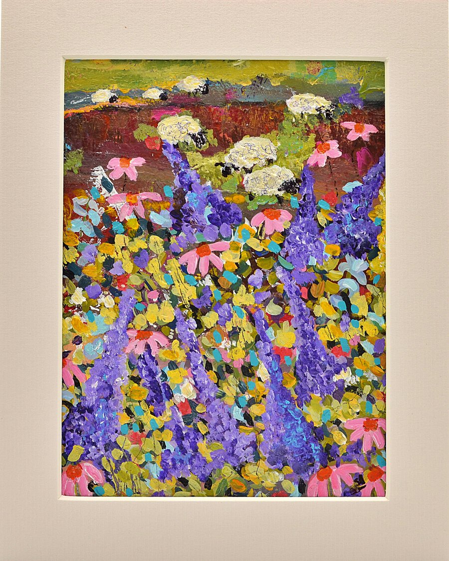 Original Painting of Sheep Grazing in a Meadow (10 x 8 inches)