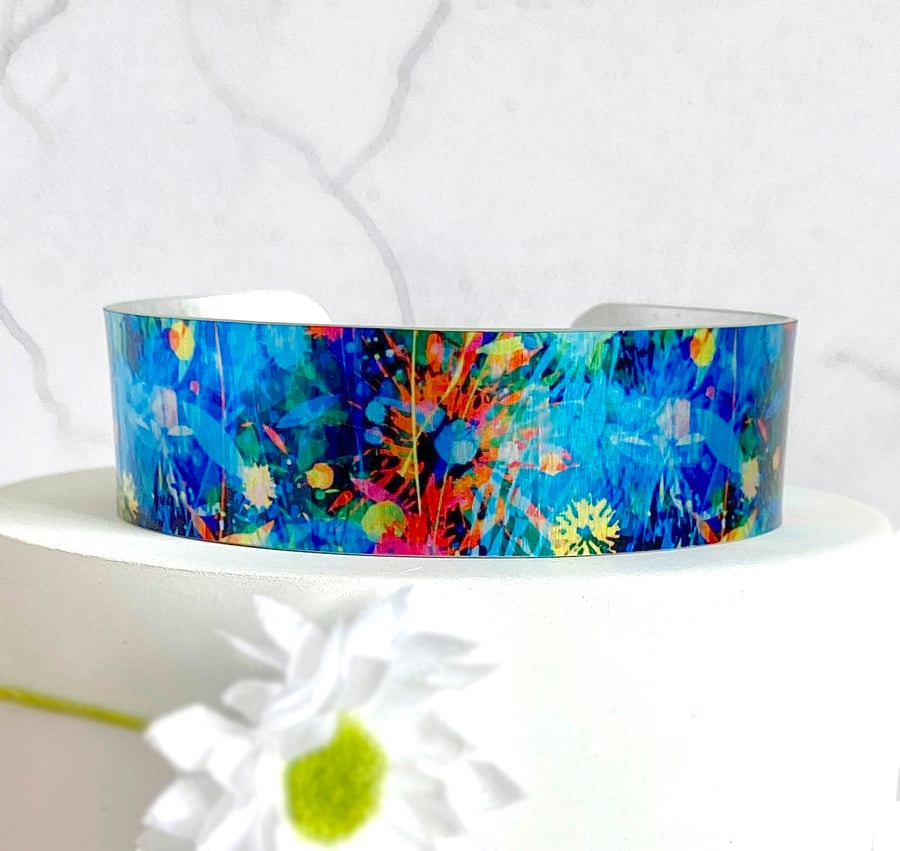 Floral abstract multi-coloured cuff bracelet. Can be personalised. (504)