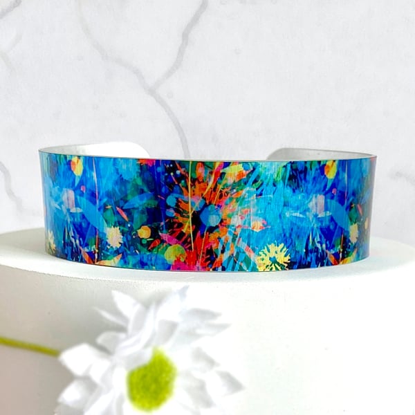 Floral abstract multi-coloured cuff bracelet. Can be personalised. (504)