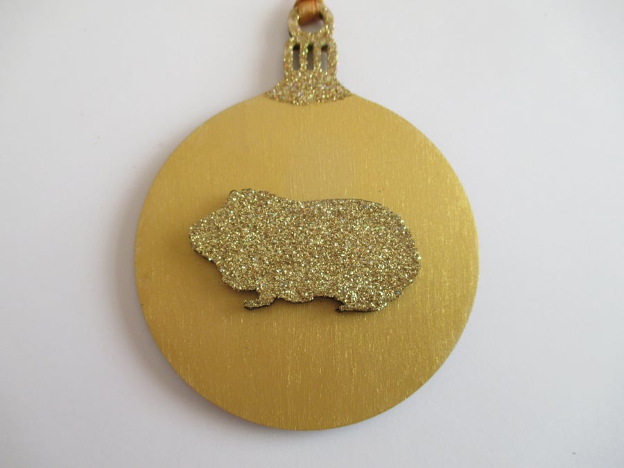 Guinea Pig Christmas Tree Bauble Decoration Wood Wooden Glittery Hanging