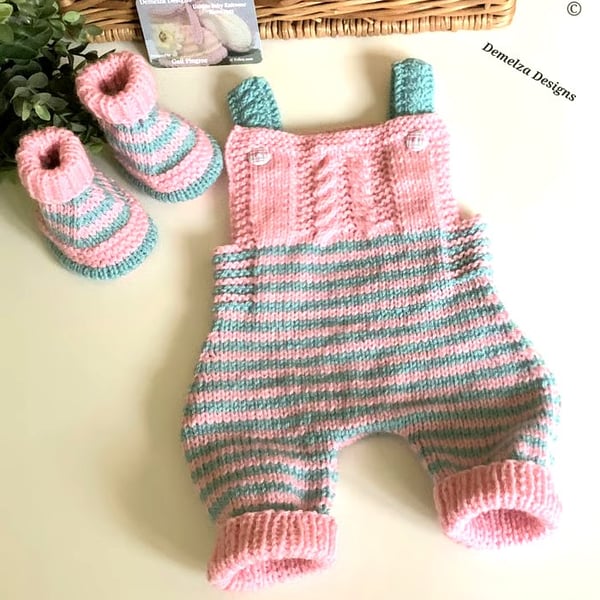 Baby Girl's Hand Knitted Rompers & Matching Booties Set 0-3 months size