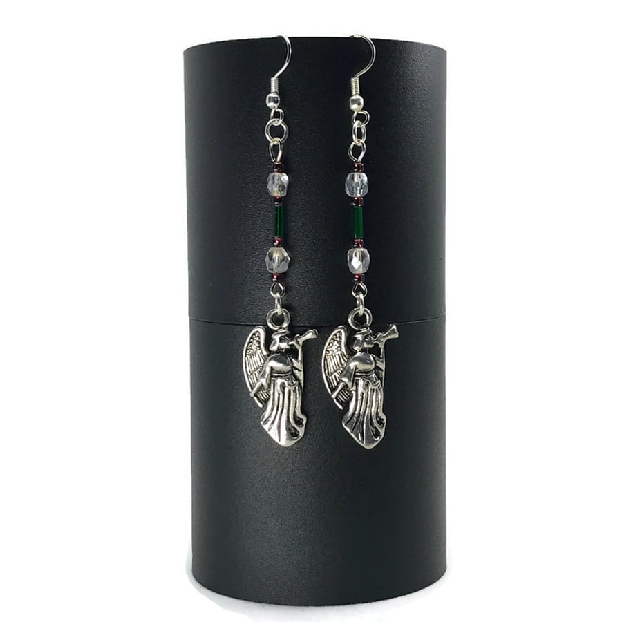 Trumpeting Angel Cherub Christmas Silver Charm Drop Earrings Vintage Crystals