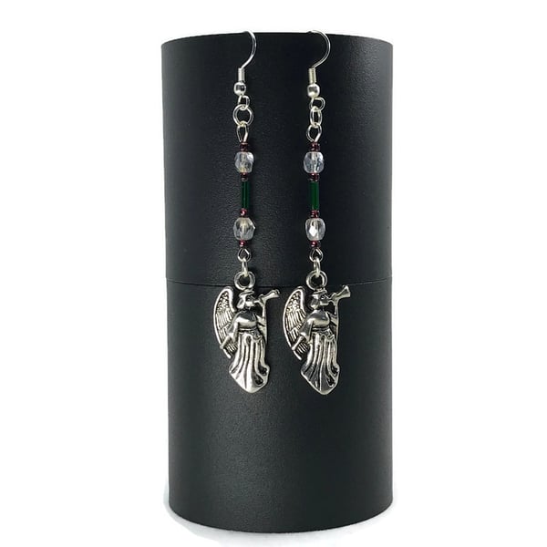 Trumpeting Angel Cherub Christmas Silver Charm Drop Earrings Vintage Crystals
