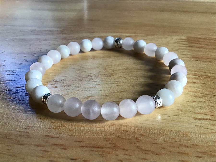 White Lace Agate and Rose Quartz Sterling silver matte beaded bracelet
