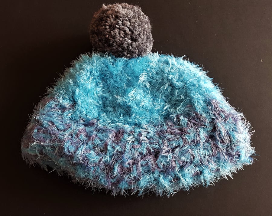 Turquoise and Grey Chunky Crochet Bobble Hat