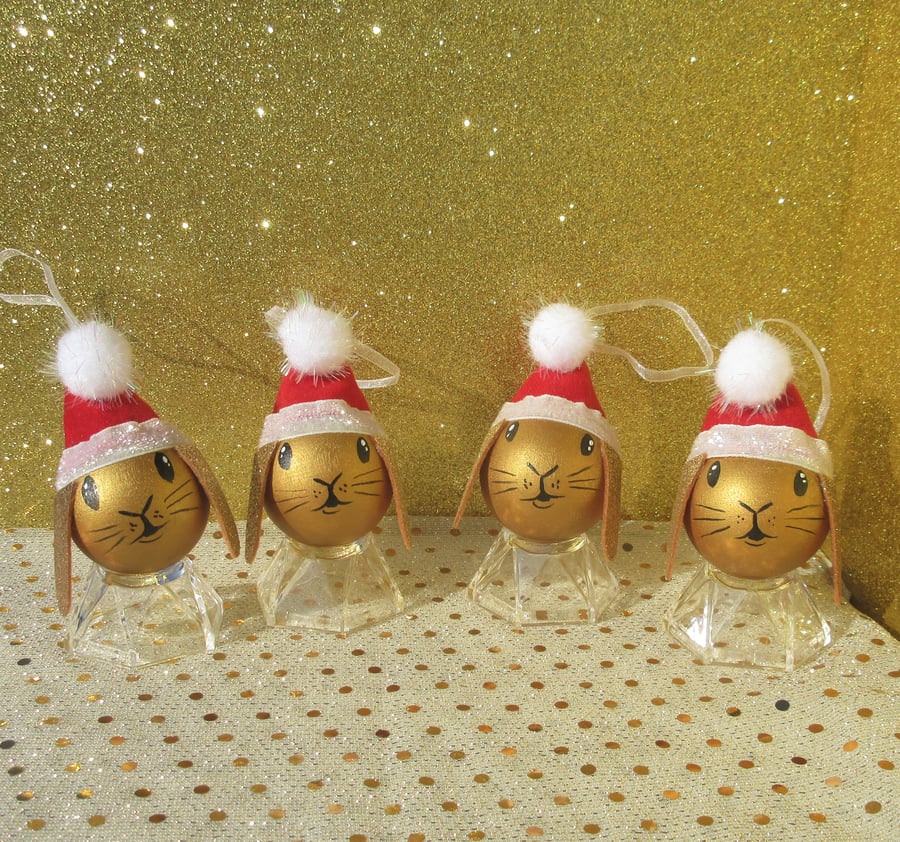 Bunny Rabbit Christmas Tree Baubles Hanging Decoration in Gold Set of 4