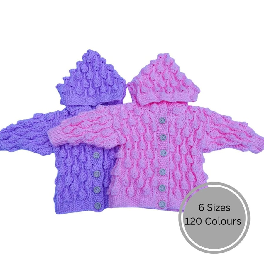 Hand Knitted Cardigan, Gender-Neutral Hooded Bobbly Pattern, Birth to 7 Years
