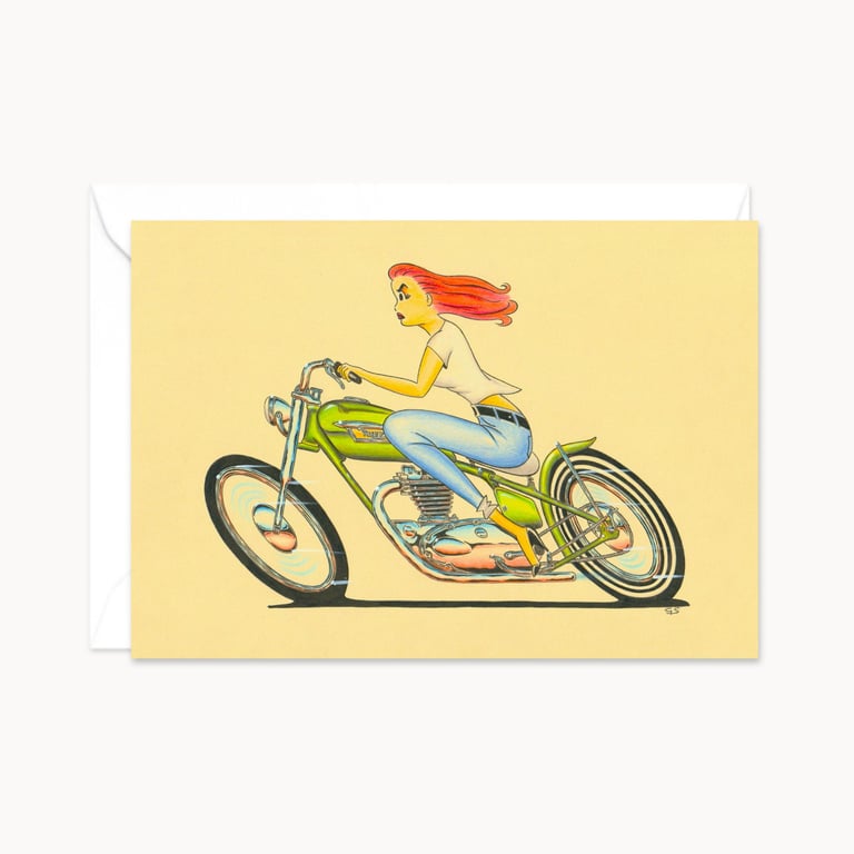 Biker Babe Greeting Card: Hand Drawn Pencil Illustration (306)