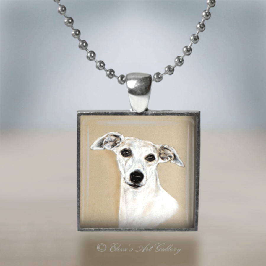 Silver Plated Whippet Dog Art Pendant Necklace