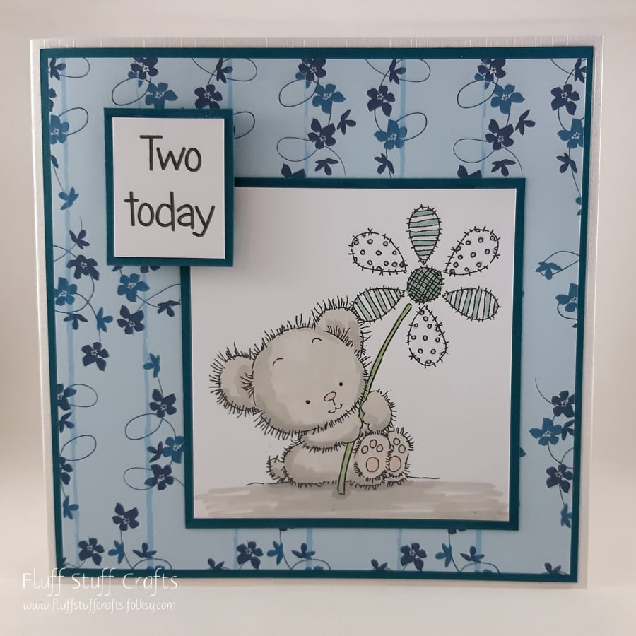 Handmade, child's 2nd birthday card - two today - bear with flower