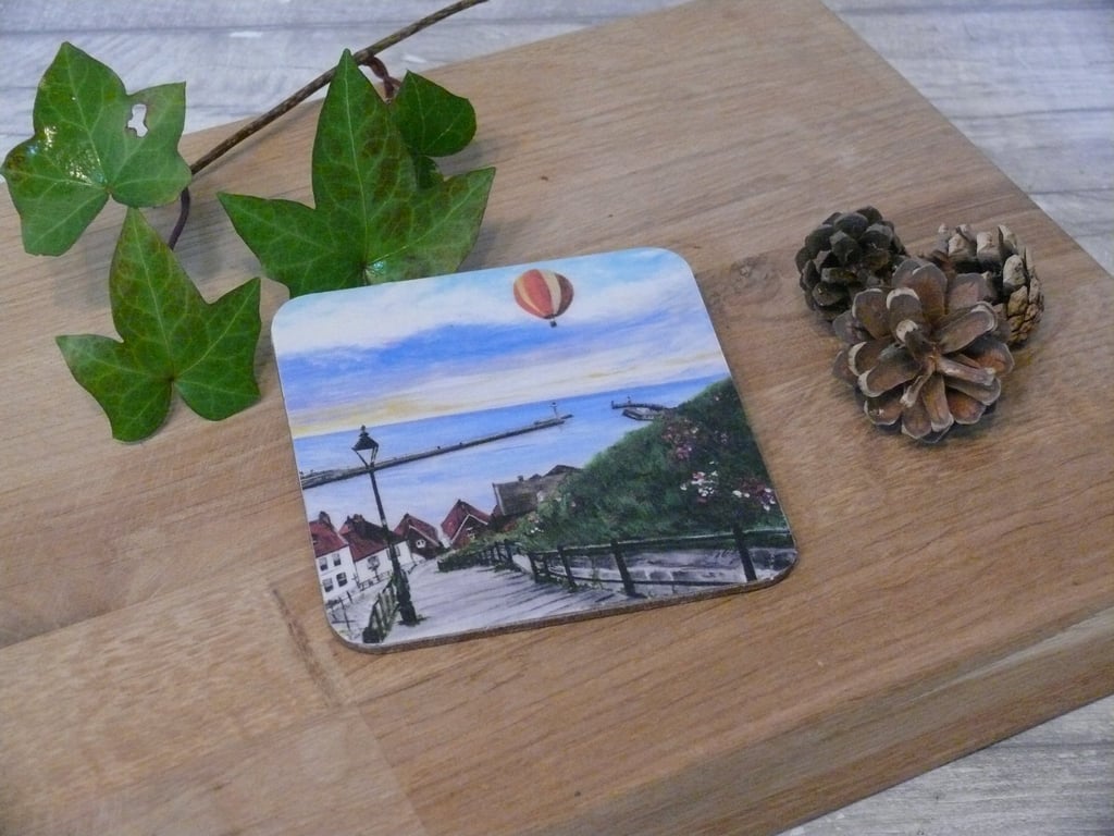 'Balloon over Whitby Steps' cork backed coaster