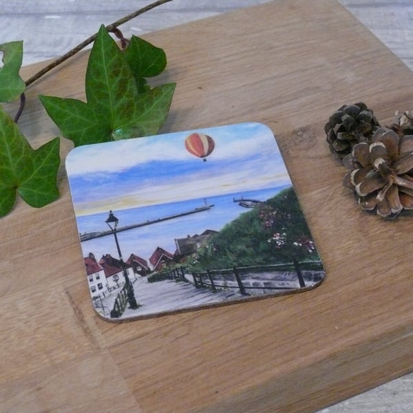 'Balloon over Whitby Steps' cork backed coaster
