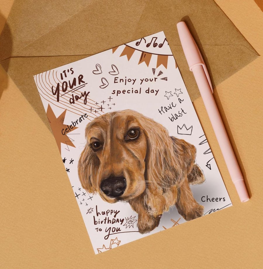 Golden Cocker Spaniel Birthday Greeting Card for Dog Lovers - hand drawn 