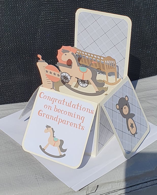 Large New Baby Box Card in Cream & Grey