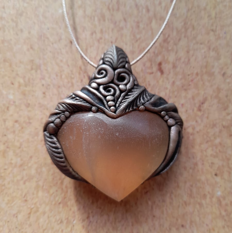 Heavenly Heart Peach Selenite and Epoxy Clay Pendant 