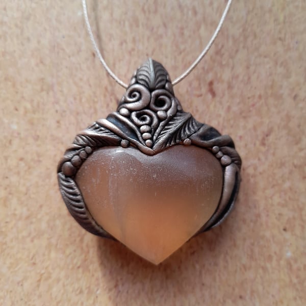 Heavenly Heart Peach Selenite and Epoxy Clay Pendant 