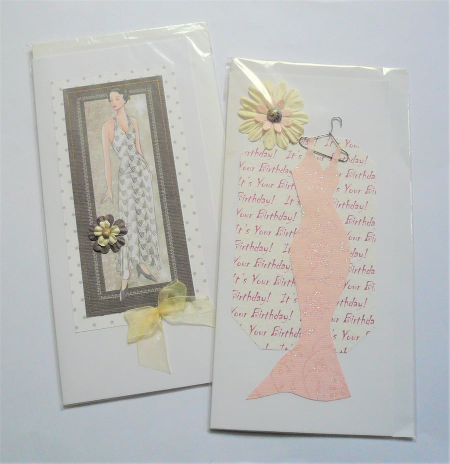 2 Pack Blank and Birthday Greetings Cards Ladies Dress Sea Shell Embellished 