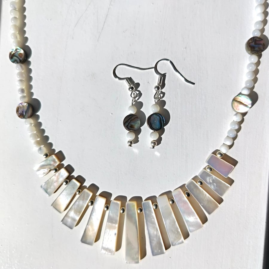 Genuine Mother of Pearl & Rare Paua Abalone Shell Necklace & Earrings Set