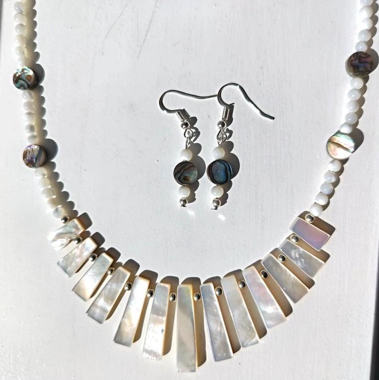 Genuine Mother of Pearl & Rare Paua Abalone Shell Necklace & Earrings Set