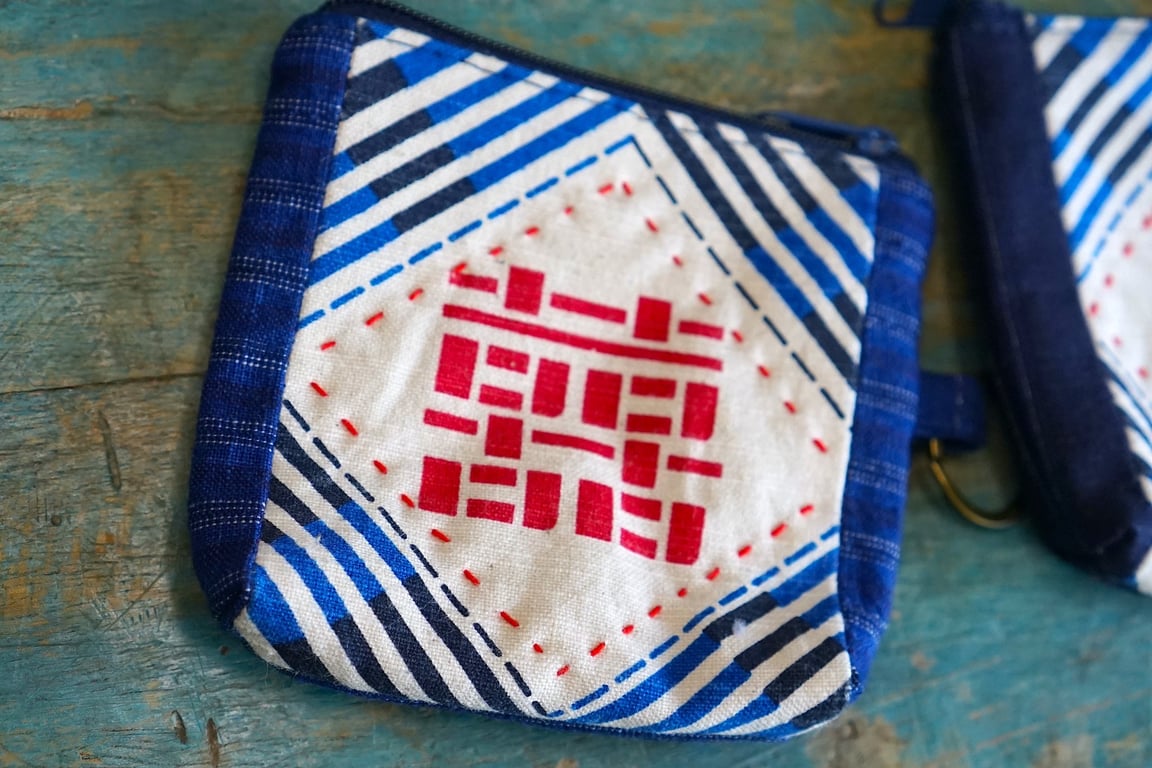 Hand-printed Fabric Small Zipper Pouch, Double Happiness Card & Coin Purse